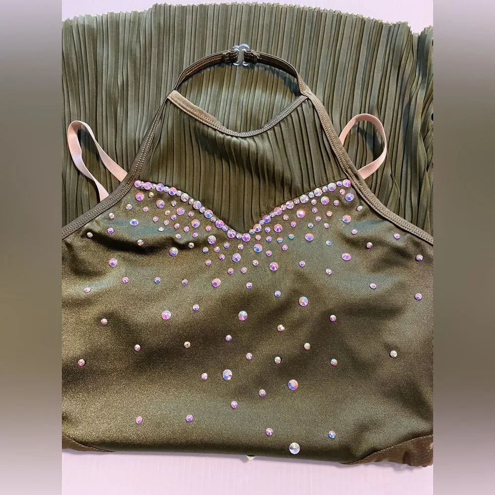 Competition Custom made solo dance costume olive green pleated lyrical dress SA